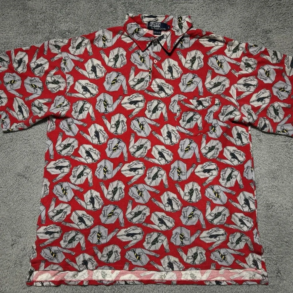VTG 1992 Polo Ralph Lauren Men L Shirt & Tie All-Over Motif Print Polo Shirt USA